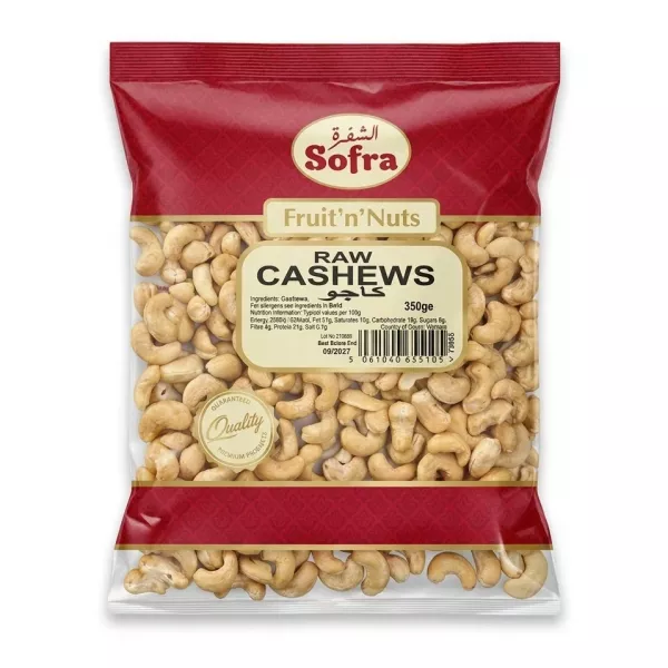 Front of Sofra Raw Cashews 350g pack with visible nuts and pricing label