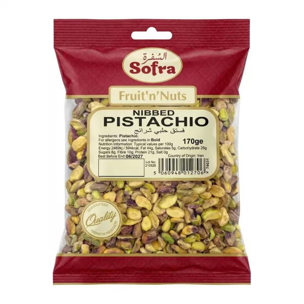 Front of Sofra Nibbed Pistachio 170g pack showing product details and price