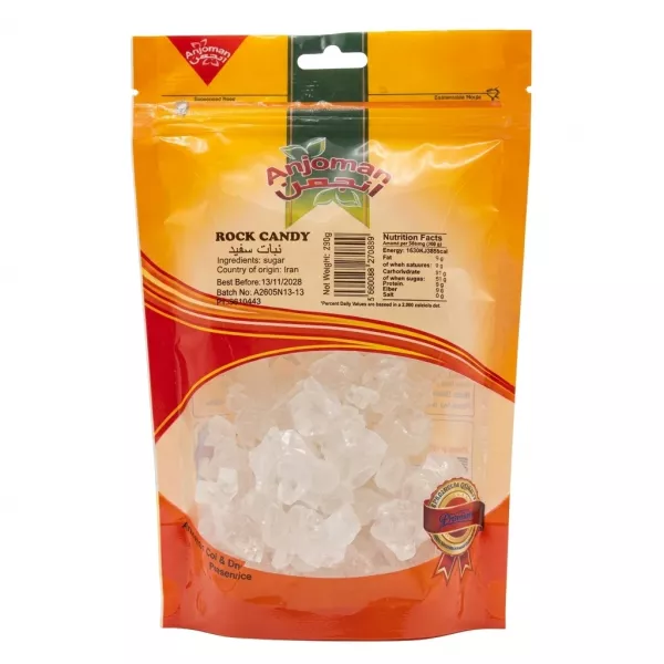 Front of Anjoman Rock Candy 250g pack displaying sugar crystals and product details