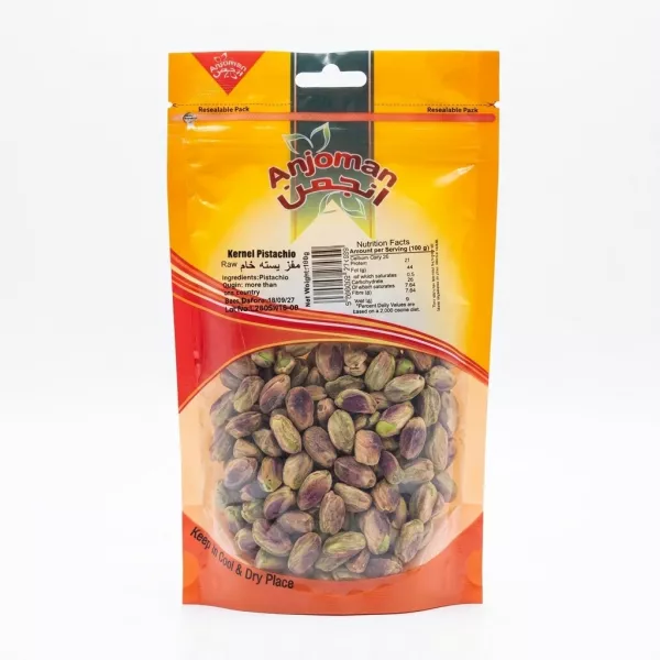 Front of Anjoman Raw Kernel Pistachio 150g pack showing visible kernels and product details