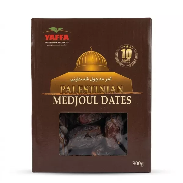 Front view of Yaffa Palestinian Medjoul Dates 900g box with price label