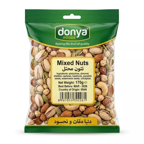 Front of Donya Foods Mixed Nuts pack 170g showing nut blend