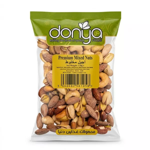 Front view of Donya Premium Mixed Nuts 170g packet with visible mixed nuts inside