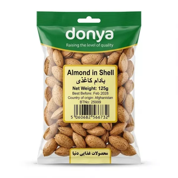 Front of Donya Almond in Shell 125g pack held in hand on store shelf