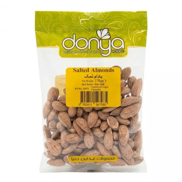 Front view of Donya Salted Almonds 170g pack held in hand
