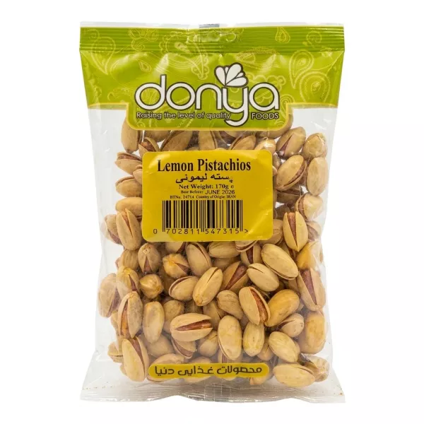 Front view of Donya Lemon Pistachios 170g pouch showing product label and pistachios.