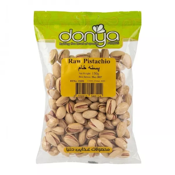 Front view of a 150g Donya Raw Pistachio pack showing product and details