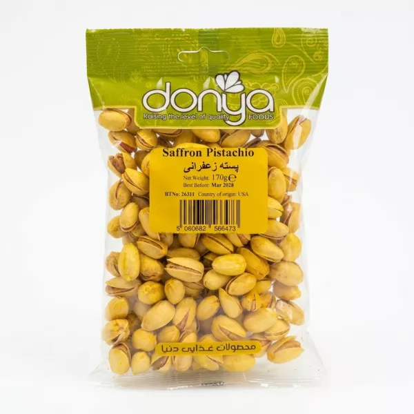Front view of Donya Saffron Pistachio 170g pack featuring saffron-coated pistachios