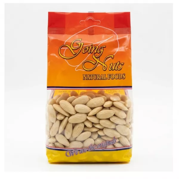 Front of Going Nuts Blanched Almonds 300g pack showing almonds and branding