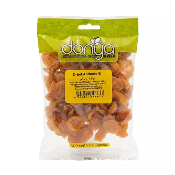 Front view of Donya Dried Apricots B 180g packed in a clear green and yellow bag