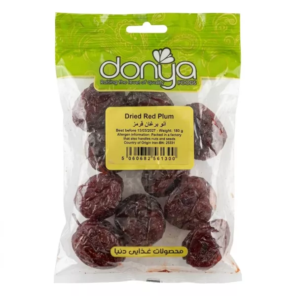 Front of Donya Dried Red Plum 180g bag, clear packaging with visible plums
