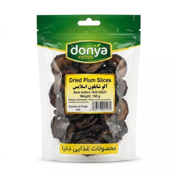 Front of Donya Dried Plum Slices 150g pack held in hand