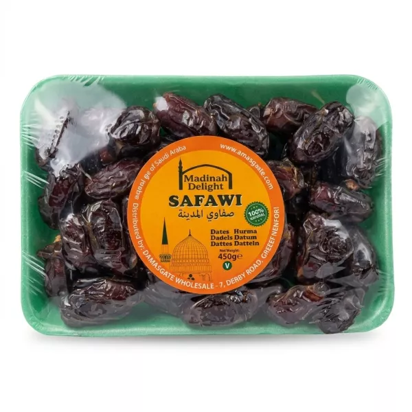 Front of Madinah Delight Safawi Dates 450g pack held in store