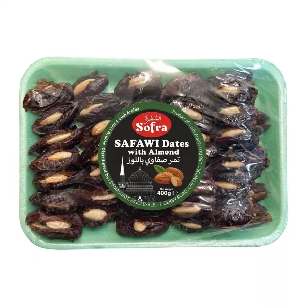 Front view of Sofra Safawi Dates with Almond 400g pack on store shelf, £5.99 special offer label visible