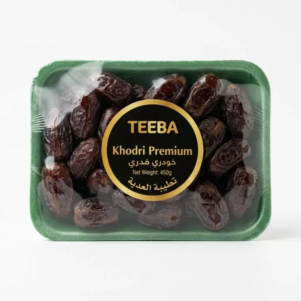 Hand holding Teeba Khodri Premium Dates 450g pack
