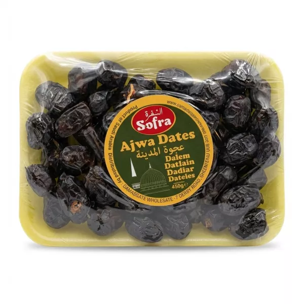 Front view of Sofra Ajwa Dates 450g pack with clear price label