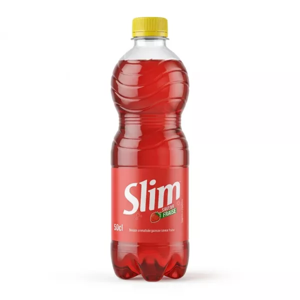 Front view of Slim Strawberry Flavoured Fizzy Drink 50cl bottle with yellow cap