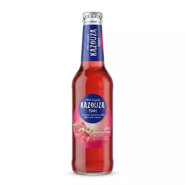 Front view of Kazoza 1941 Pomegranate Sparkling Drink glass bottle