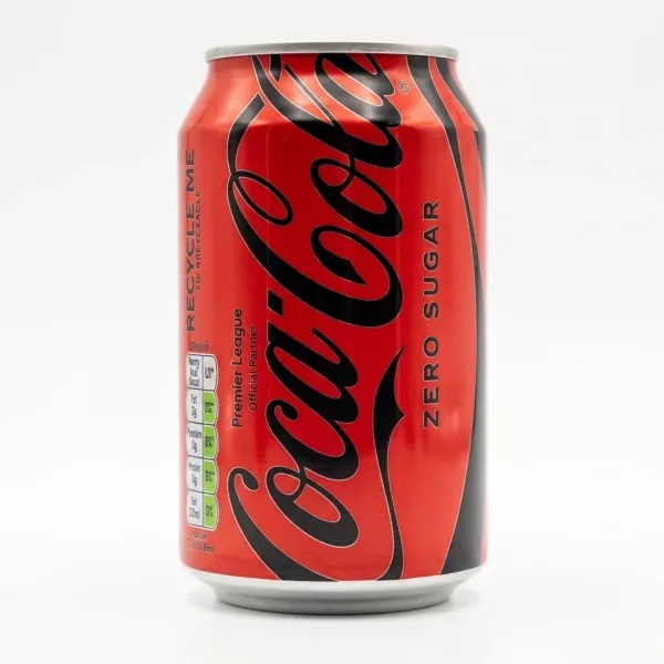 Front view of Coca-Cola Zero Sugar 330ml can, showing classic red and black design