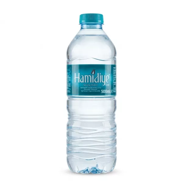Front label of Hamidiye Spring Water 500ml bottle, turquoise cap, clear bottle