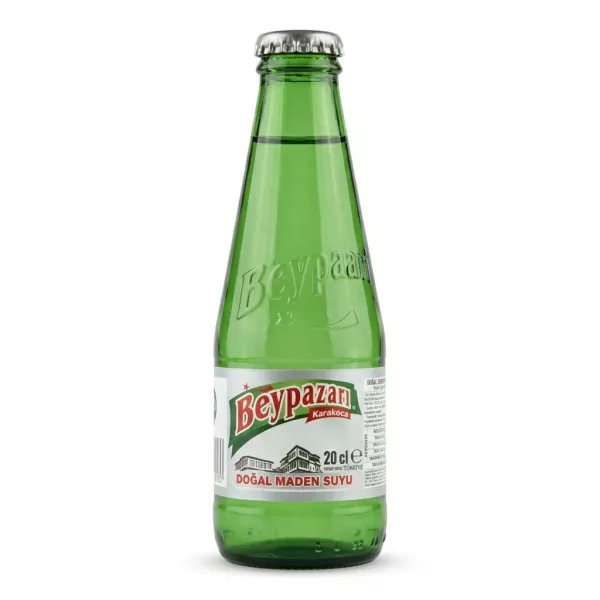 Front view of Beypazari Karakoca Dogal Maden Suyu 20cl glass bottle held in hand