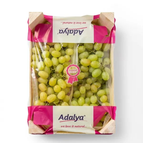 Box of Adalya Sultana table grapes with premium quality label