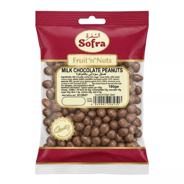 Front of Sofra Milk Chocolate Peanuts 180g pack with visible product and price label