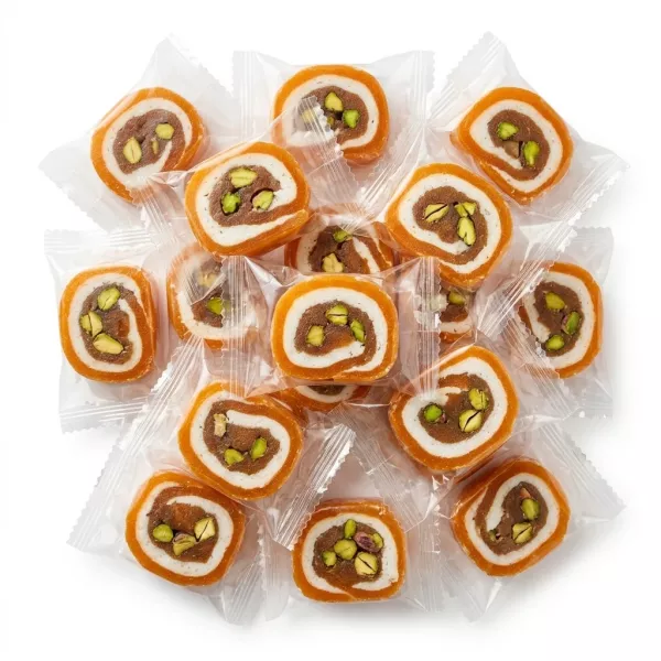 Individually wrapped pieces of Roll Malban Coconut Apricot Extra with visible pistachios and coconut filling.