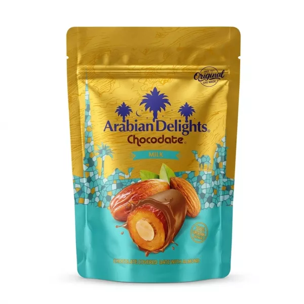 Front of Arabian Delights Chocodate Milk pouch showing product and branding
