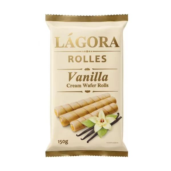 Front of Lágora Vanilla Cream Wafer Rolls 150g pack