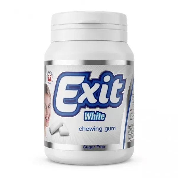 Front view of Exit White Sugar Free Chewing Gum tub held in hand