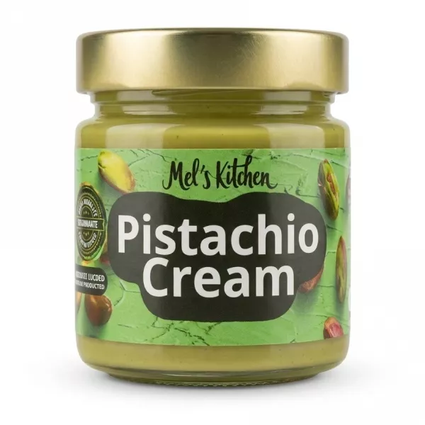 Front view of Mel's Kitchen Pistachio Cream jar 200g
