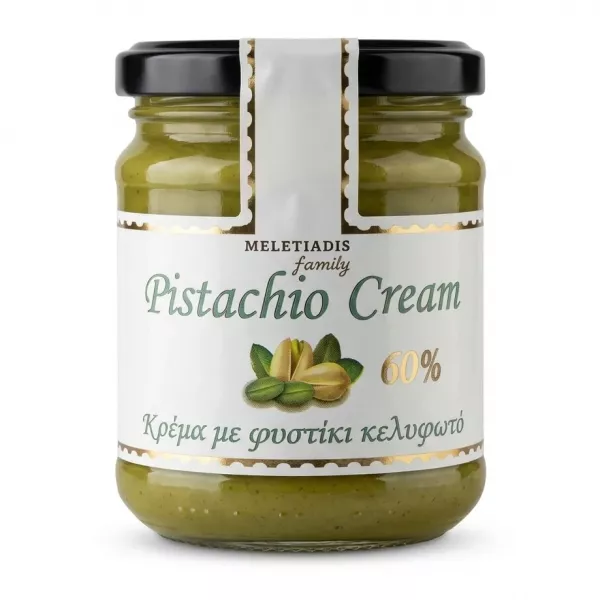 Front view of Meletiadis Pistachio Cream jar with label showing 60% pistachio content