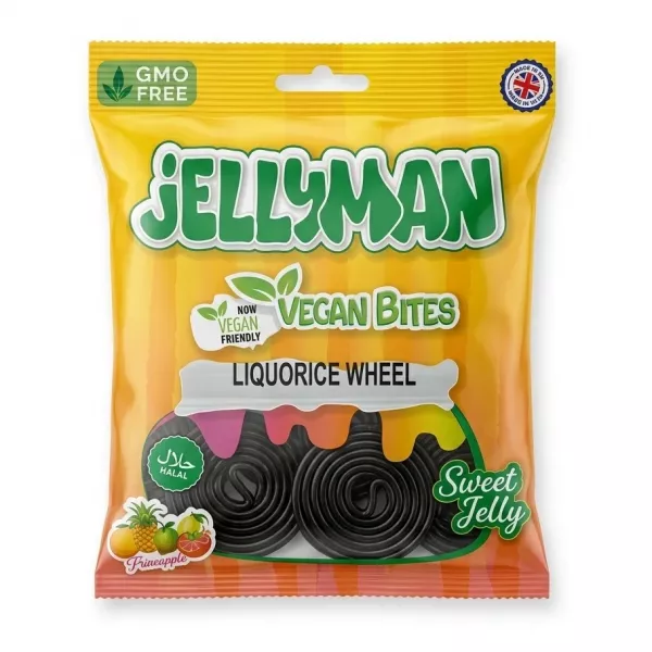 Front packaging of Jellyman Vegan Bites Liquorice Wheel with product features