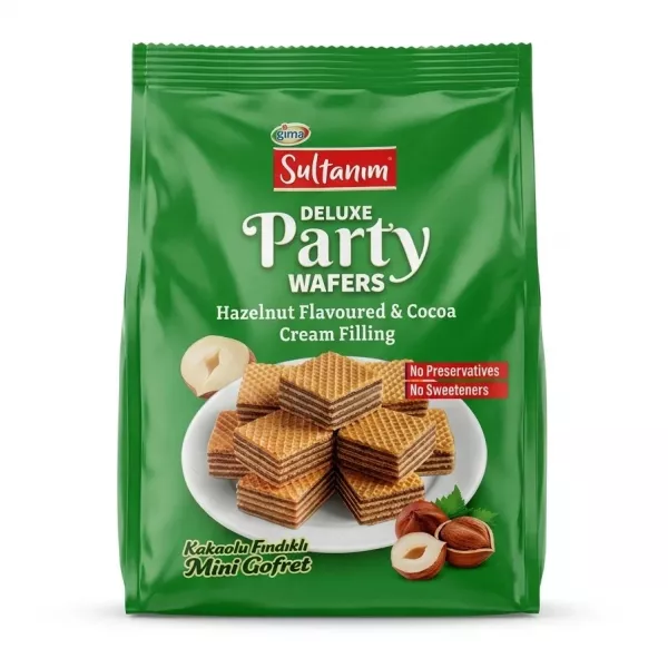 Front view of Sultanım Deluxe Party Wafers Hazelnut & Cocoa Cream Filling pack