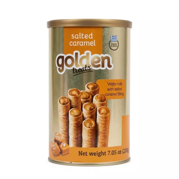 Front of Golden Treats Salted Caramel Wafer Rolls tin held in hand