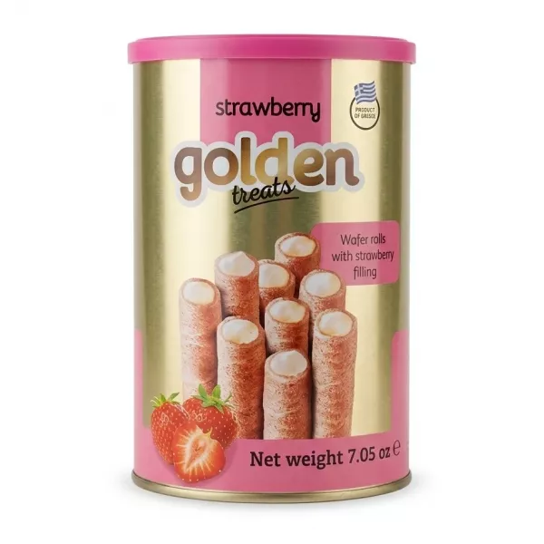 Front of Golden Treats Strawberry Wafer Rolls tin with product image
