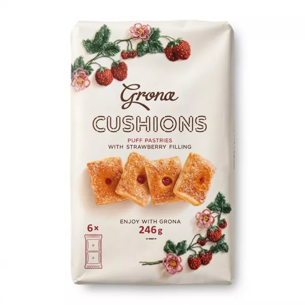 Front of Grona Cushions Puff Pastries with strawberry filling 246g pack