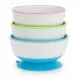 Three stacked Munchkin Stay Put suction bowls with pink, green, and blue rims