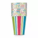 Stack of colourful striped disposable paper tumblers held in hand