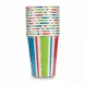 Close view of colourful striped disposable paper tumblers stacked