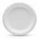 Stack of white plastic dinner plates with decorative edge