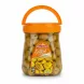 Jar of Köy Sefasi grilled green olives with orange lid and handle