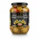 Jar of marinated pitted queen olives with herbs and red peppers
