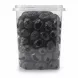 Transparent side view of Marmarabirlik dried black olives in container