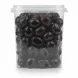Side view of Marmarabirlik black olives in transparent container