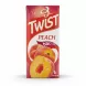 Front view of Twist Peach Nectar juice carton showing ripe peaches