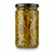 Side view of jar showing pickled green peppers immersed in brine