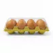 Hand holding a pack of 6 large fresh brown eggs in plastic tray without hand
