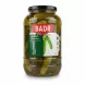 Large glass jar of Badr pickled cucumbers with red and green label